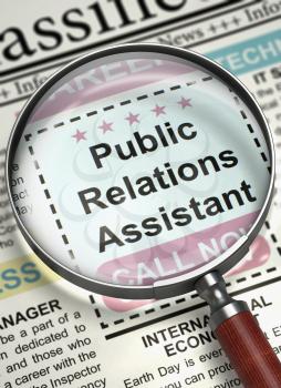 Public Relations Assistant - Searching Job in Newspaper. Newspaper with Classified Ad Public Relations Assistant. Hiring Concept. Selective focus. 3D Rendering.