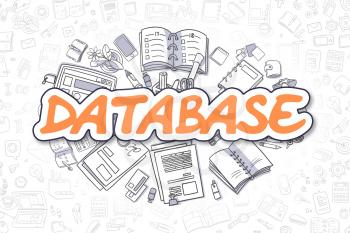 Database - Hand Drawn Business Illustration with Business Doodles. Orange Word - Database - Doodle Business Concept. 