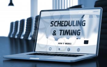 Scheduling and Timing on Landing Page of Laptop Display in Modern Meeting Hall Closeup View. Blurred Image with Selective focus. 3D Illustration.