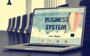 Business System. Closeup Landing Page on Laptop Display. Modern Meeting Room Background. Toned Image. Blurred Background. 3D Render.
