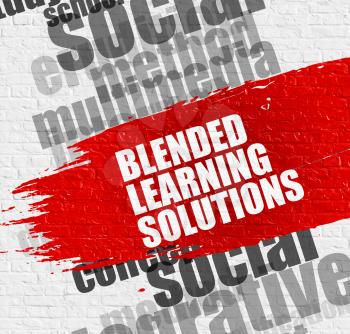 Education Concept: Blended Learning Solutions Modern Style Illustration on the Red Brushstroke. Blended Learning Solutions - on the White Wall with Wordcloud Around. Modern Illustration. 