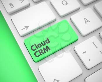 Service Concept: Cloud CRM on the Modern Keyboard lying on the Green Background. Laptop Keyboard Key Showing the MessageCloud CRM. Message on Keyboard Green Button. 3D Render.