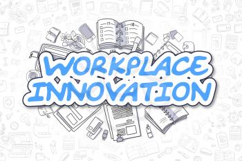 Doodle Illustration of Workplace Innovation, Surrounded by Stationery. Business Concept for Web Banners, Printed Materials. 