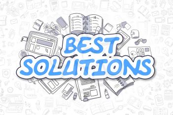 Best Solutions - Sketch Business Illustration. Blue Hand Drawn Word Best Solutions Surrounded by Stationery. Cartoon Design Elements. 