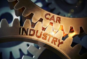 Golden Metallic Gears with Car Industry Concept. Car Industry on the Mechanism of Golden Metallic Cog Gears with Glow Effect. 3D Rendering.