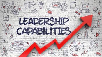 Leadership Capabilities Inscription on Line Style Illustration. with Red Arrow and Hand Drawn Icons Around. Leadership Capabilities - Modern Illustration with Doodle Elements.