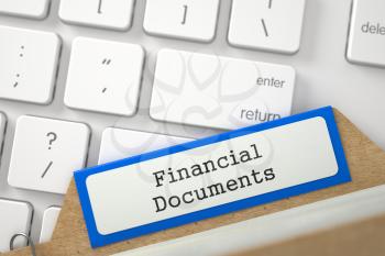 Financial Documents written on Blue Archive Bookmarks of Card Index Overlies Modern Laptop Keyboard. Closeup View. Blurred Illustration. 3D Rendering.
