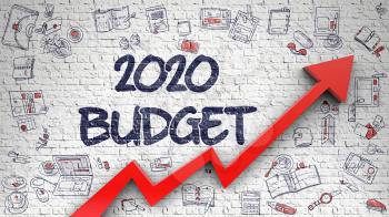 White Brick Wall with 2020 Budget Inscription and Red Arrow. Business Concept. 2020 Budget - Modern Illustration with Hand Drawn Elements.
