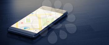GEO TARGETING on a Mobile Phone. Online Map on a Screen. Close-up Image of Modern Smartphone with Mao or Geo Tracking on Dark Surface. Map Tracking or Geolocation Concept. 3D Render.