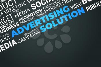 Advertising Solution - Word Cloud with Copy Space. Blue on Black Illustration.