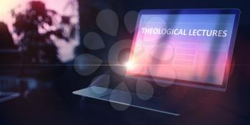 Theological Lectures on Beautiful Space Gray New Model of Stylish Contemporary Laptop. Self-development Concept. 3D.