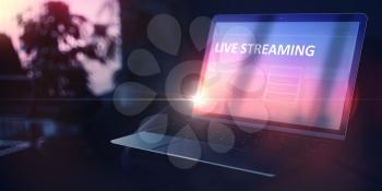 Live Streaming on Modern Portable Laptop. Personal Growth Concept. 3D Illustration.
