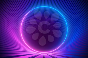 Pink Blue Neon Abstract Background with Glowing Ring. Ultraviolet Light or Laser Show Performance Stage with Reflections. Round Blank Frame for Mockup. 3D Render