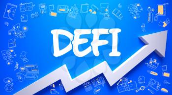 Defi - Modern Illustration with Hand Drawn Elements. Defi - Enhancement Concept with Doodle Design Icons Around on Blue Wall Background.