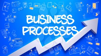 Business Processes Inscription on Modern Line Style Illustation. with Arrow Arrow and Doodle Icons Around. Business Processes - Modern Illustration with Doodle Design Elements.