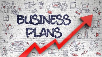 Business Plans - Improvement Concept. Inscription on the Brick Wall with Doodle Design Icons Around. Business Plans - Modern Style Illustration with Hand Drawn Elements. 