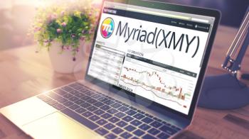 Web Site of a Crypto Exchange with Dynamics of the Cost Change of Myriad - XMY on Notebook Screen. Toned, Selective Focus. 3D Illustration .