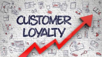 Customer Loyalty Drawn on Brick Wall. Illustration with Hand Drawn Icons. Customer Loyalty Inscription on the Modern Illustation. with Red Arrow and Doodle Design Icons Around. 3d