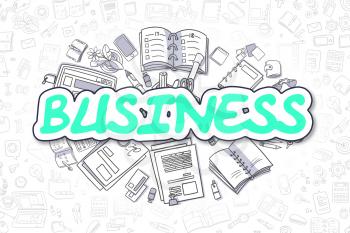 Business Illustration of Business. Doodle Green Text Hand Drawn Cartoon Design Elements. Business Concept. 