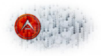 Ark Cryptographic Currency. Yellow Coin Pictogram on the Light-colored Dark Digital Background with Empty Copyspace for Text. 