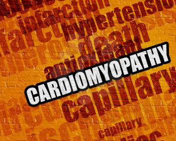 Medicine concept: Cardiomyopathy - on Brick Wall with Wordcloud Around . Cardiomyopathy on the Yellow Brick Wall . 
