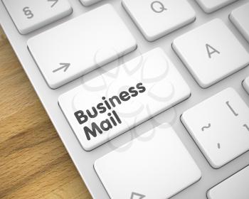 Business Concept: Business Mail on Conceptual Keyboard Background. Business Concept: Business Mail on Aluminum Keyboard lying on the Wood Background. 3D.
