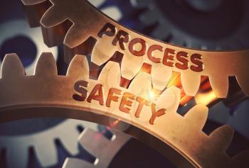 Process Safety - Illustration with Glow Effect and Lens Flare. Process Safety on the Mechanism of Golden Metallic Gears with Glow Effect. 3D Rendering.