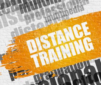 Education Service Concept: Distance Training Modern Style Illustration on Yellow Brushstroke. Distance Training on White Wall Background with Wordcloud Around It. 