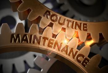 Routine Maintenance on the Mechanism of Golden Metallic Cogwheels with Glow Effect. Routine Maintenance on Mechanism of Golden Cogwheels. 3D Rendering.