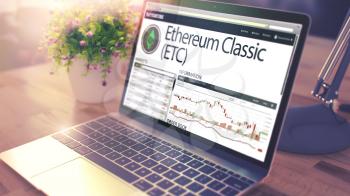 The Dynamics of Cost of Ethereum Classic - ETC on the Modern Laptop Screen. Cryptocurrency Concept. Tinted Image with Blurred Image. 3D Render .