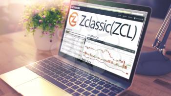 Website of a Cryptocurrency Exchange with Dynamics of the Cost Change of Zclassic - ZCL on Ultrabook Screen. Tinted, Selective Focus. 3D .
