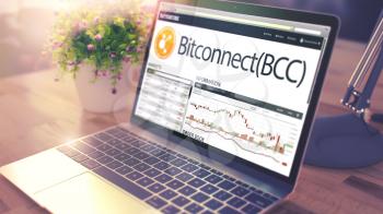 Modern Workplace with Ultrabook showing Web Page with Cryptocurrency Exchange of Bitconnect - BCC. Toned Image with Blurred Image. 3D Illustration .