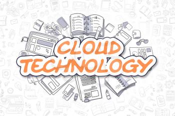 Cartoon Illustration of Cloud Technology, Surrounded by Stationery. Business Concept for Web Banners, Printed Materials. 