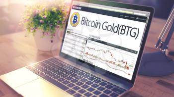 Modern Workplace with Ultrabook showing Web Page with Cryptocurrency Market of Bitcoin Gold - BTG. Tinted Image with Selective Focus. 3D Illustration .