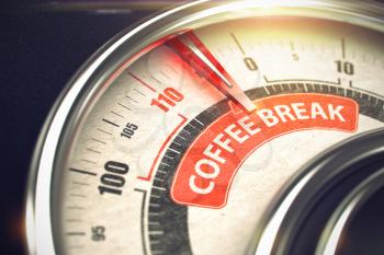 Metal Conceptual Meter with Red Punchline Reach the Coffee Break. Illustration with Depth of Field Effect. 3D Render.