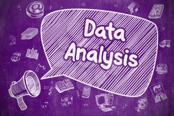 Business Concept. Megaphone with Wording Data Analysis. Doodle Illustration on Purple Chalkboard. Data Analysis on Speech Bubble. Hand Drawn Illustration of Shouting Loudspeaker. Advertising Concept. 