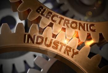 Electronic Industry on the Mechanism of Golden Cog Gears. Electronic Industry - Industrial Illustration with Glow Effect and Lens Flare. 3D Rendering.