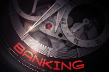 Banking on the Automatic Men Wristwatch, Chronograph Close View. Banking - Black and White Up Close of Watch Mechanism. Business and Work Concept with Glow Effect and Lens Flare. 3D Rendering.