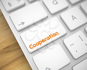 Service Concept: Cooperation on Computer Keyboard lying on the Wood Background. Cooperation Written on the White Button of Modern Computer Keyboard. 3D.