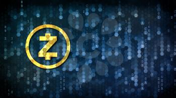 Zcash Virtual Currency. Yellow Trading Sign on the Pixelated Background with Blank Copyspace for Advertising. 