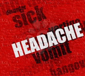 Medicine concept: Headache - on the Brick Wall with Word Cloud Around . Red Wall with Headache on it . 