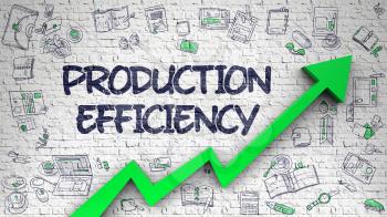 Production Efficiency - Modern Line Style Illustration with Doodle Elements. Production Efficiency - Success Concept with Hand Drawn Icons Around on Brick Wall Background. 3D.