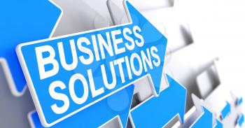 Business Solutions, Inscription on the Blue Cursor. Business Solutions - Blue Pointer with a Message Indicates the Direction of Movement. 3D Render.