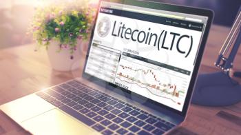 The Dynamics of Cost of Litecoin - LTC on the Modern Laptop Screen. Cryptocurrency Concept. Tinted Image with Blurred Image. 3D Illustration .