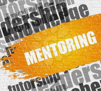 Business Education Concept: Mentoring on the White Brick Wall Background with Word Cloud Around It. Mentoring Modern Style Illustration on Yellow Distressed Brush Stroke. 