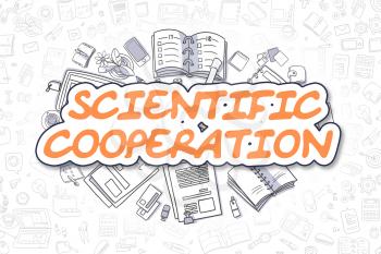 Business Illustration of Scientific Cooperation. Doodle Orange Inscription Hand Drawn Cartoon Design Elements. Scientific Cooperation Concept. 