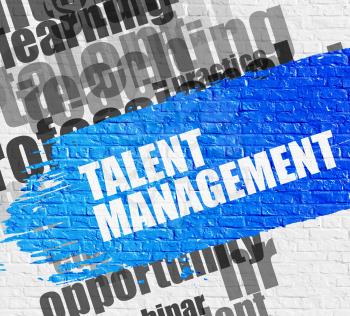 Business Education Concept: Talent Management Modern Style Illustration on Blue Distressed Brush Stroke. Talent Management. Blue Text on the White Brick Wall. 