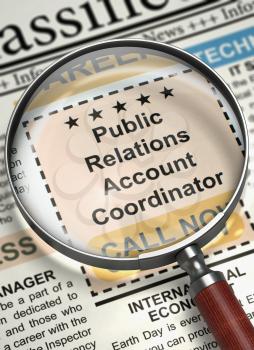 Public Relations Account Coordinator. Newspaper with the Classified Ad. Public Relations Account Coordinator - CloseUp View Of A Classifieds Through Loupe. Job Search Concept. Selective focus. 3D.