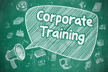 Business Concept. Megaphone with Text Corporate Training. Cartoon Illustration on Blue Chalkboard. Corporate Training on Speech Bubble. Cartoon Illustration of Yelling Bullhorn. Advertising Concept. 