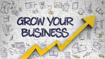 Grow Your Business - Modern Line Style Illustration with Doodle Design Elements. Grow Your Business Inscription on the Modern Style Illustation. with Orange Arrow and Doodle Icons Around. 